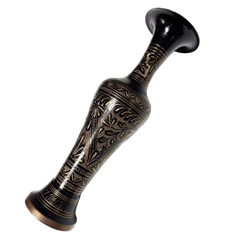 Indian Hand Etched Black Cloisonne Brass Floral Vase