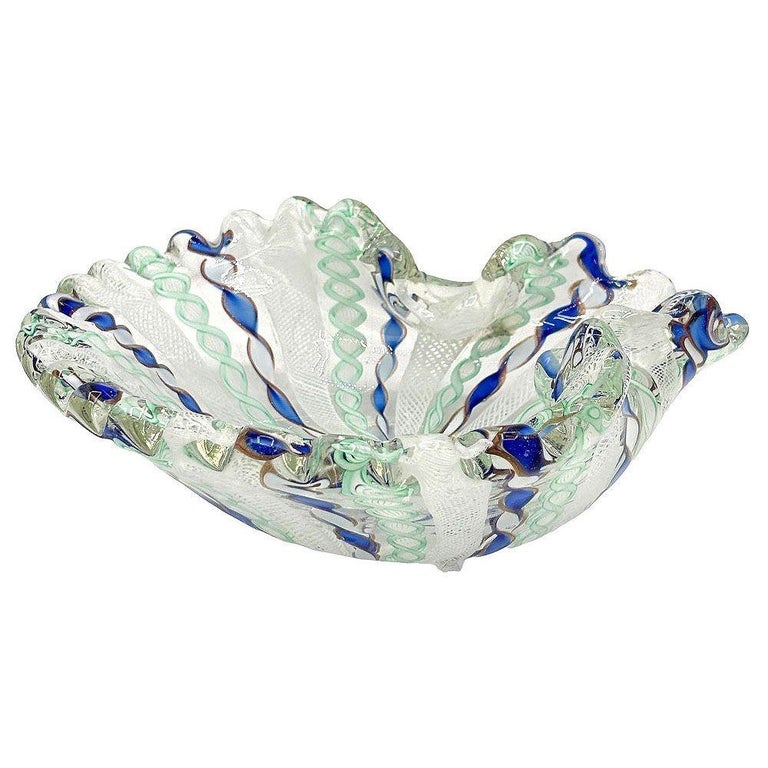 MCM Zanfircio Murano Art Glass Shell Dish Green Latticino Ribbons by Salviati