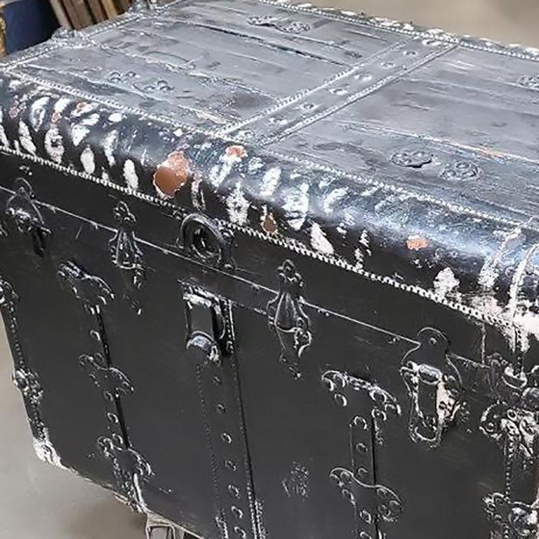 19th Century Wood and Metal Steamer Trunk with Leather Edges