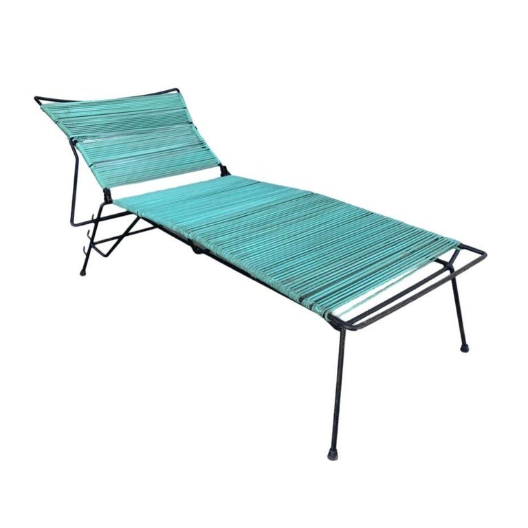 MCM Walter Lamb Style Iron Outdoor/Patio Chaise Lounge w/ Teal Cord, 6 Available