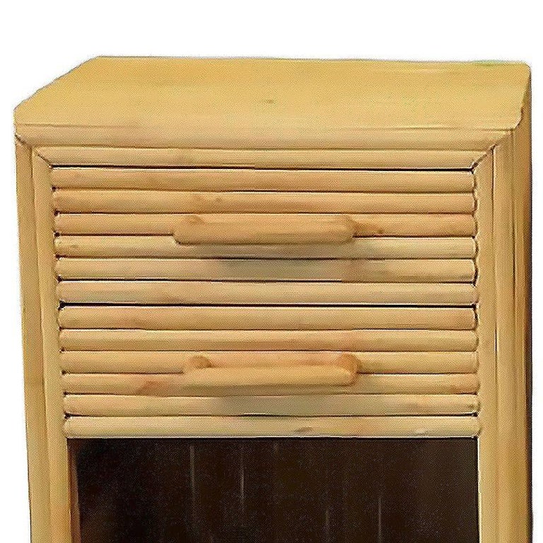 Restored Horizontal Stacked Stick Rattan Side Bedside Table w/ Cubby Space, Pair