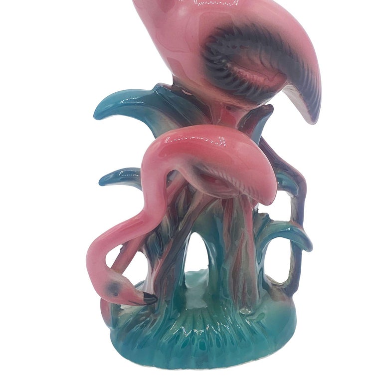 Mid-century Mother & Daughter Pink Flamingo Ceramic Tabletop Statue By Leftons