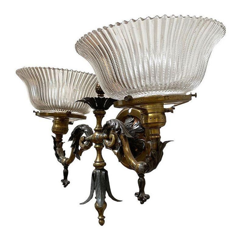 Electrified Late Victorian Baroque Brass Gas Sconces w/ Shade, Pair
