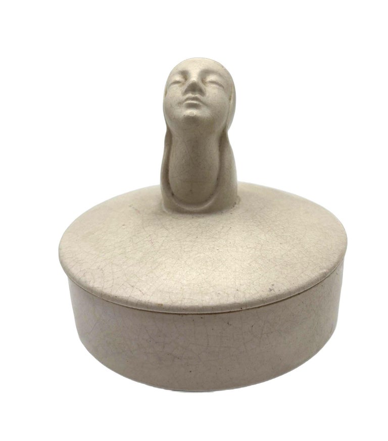 Mid-century Gray Earthenware Ceramic Vanity Powder Box w/ Female Bust Handle