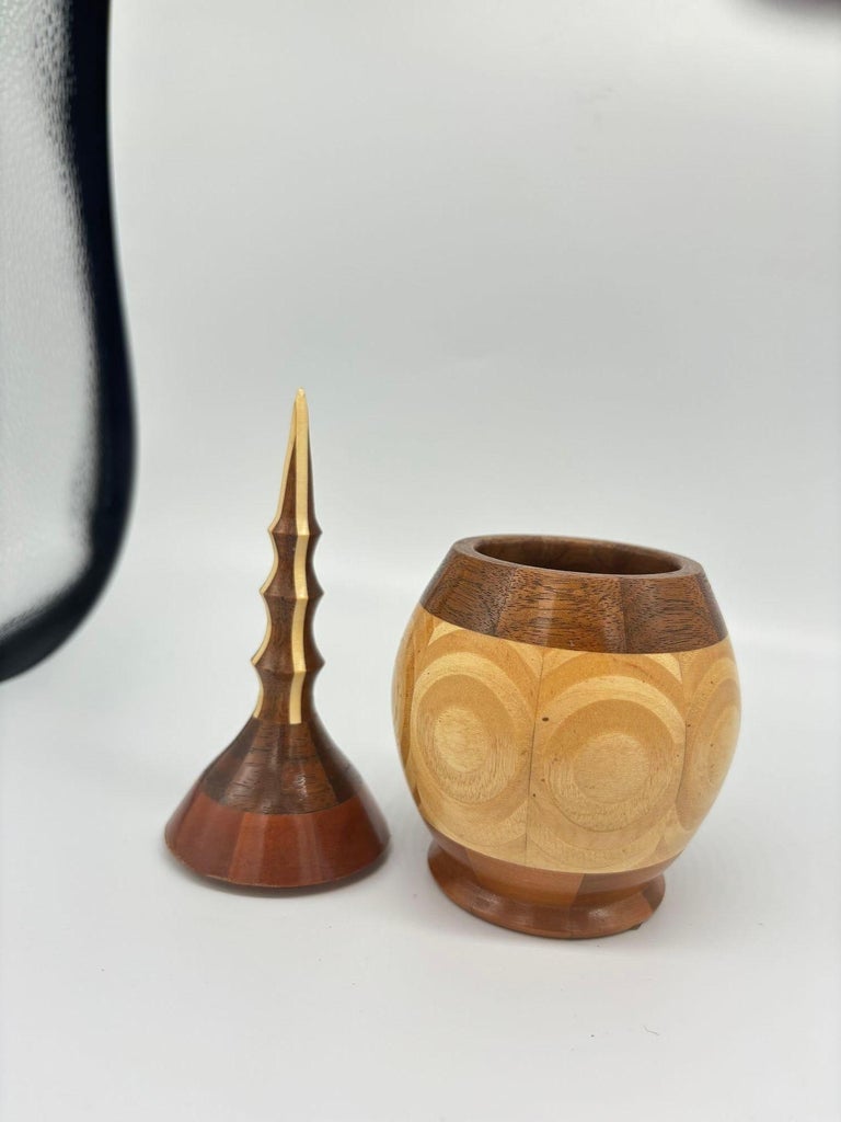Hand Carved Marquetry Inlay Pear Shaped Vessel with Lid