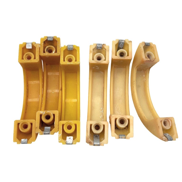 Art Deco Bright Yellow Bakelite Drawer Pulls w/ Chrome Strip, Set of 6