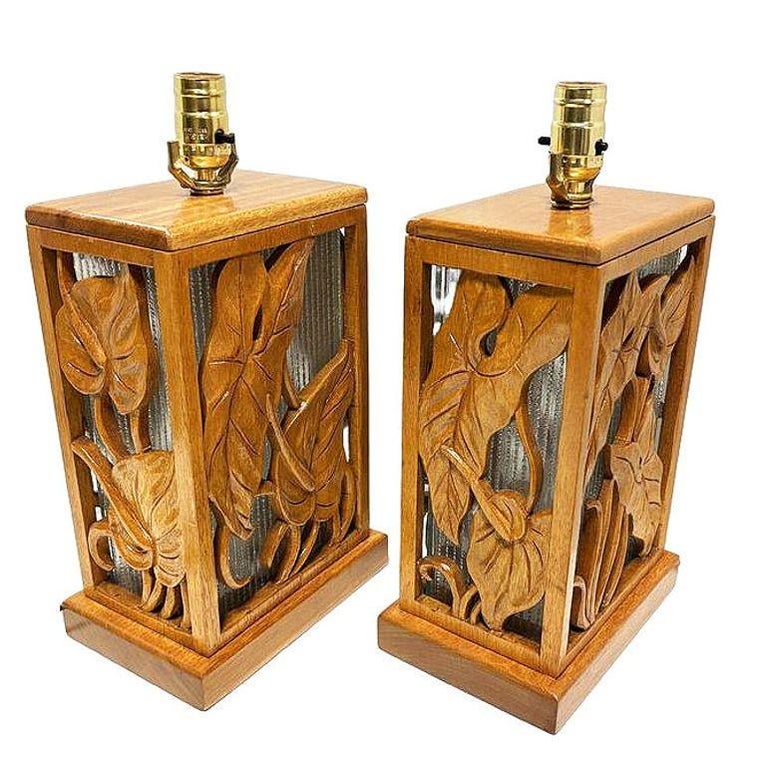 Restored Mid-century Hawaiian Carved Mango Wood Panel Lantern Table Lamps, Pair