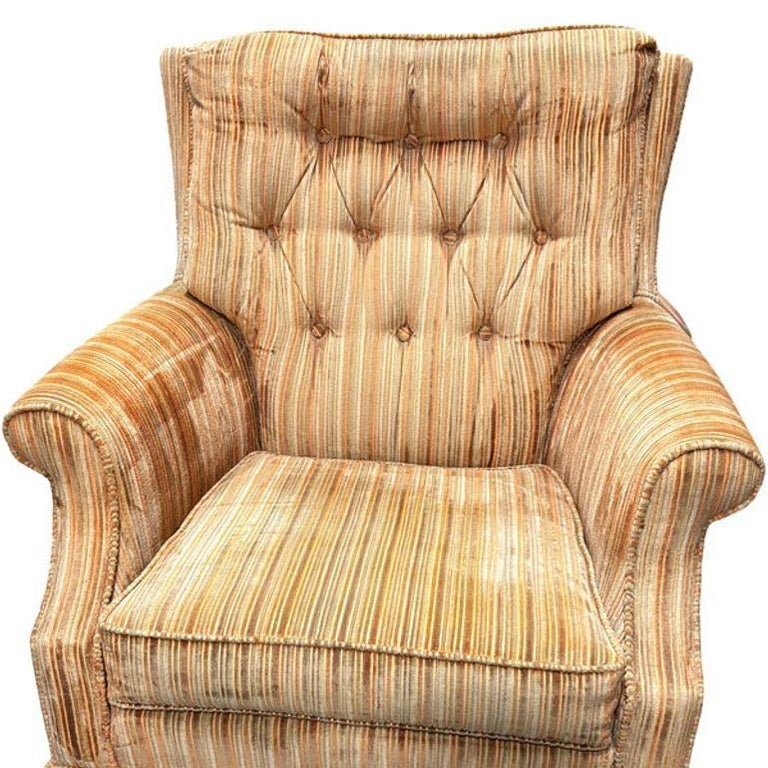 1970 Tuffted Velvet Gold Green Striped Swivel Arm Chair