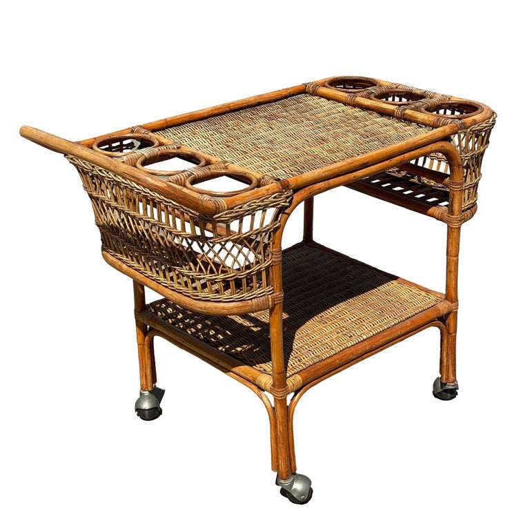 Restored Art Deco Stick Rattan Two-Tier Bar Cart w/ Woven WickerTops