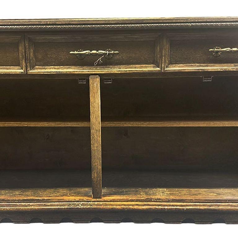 Mid Century Mediterranean Revival Carved Oakwood Buffet Cabinet