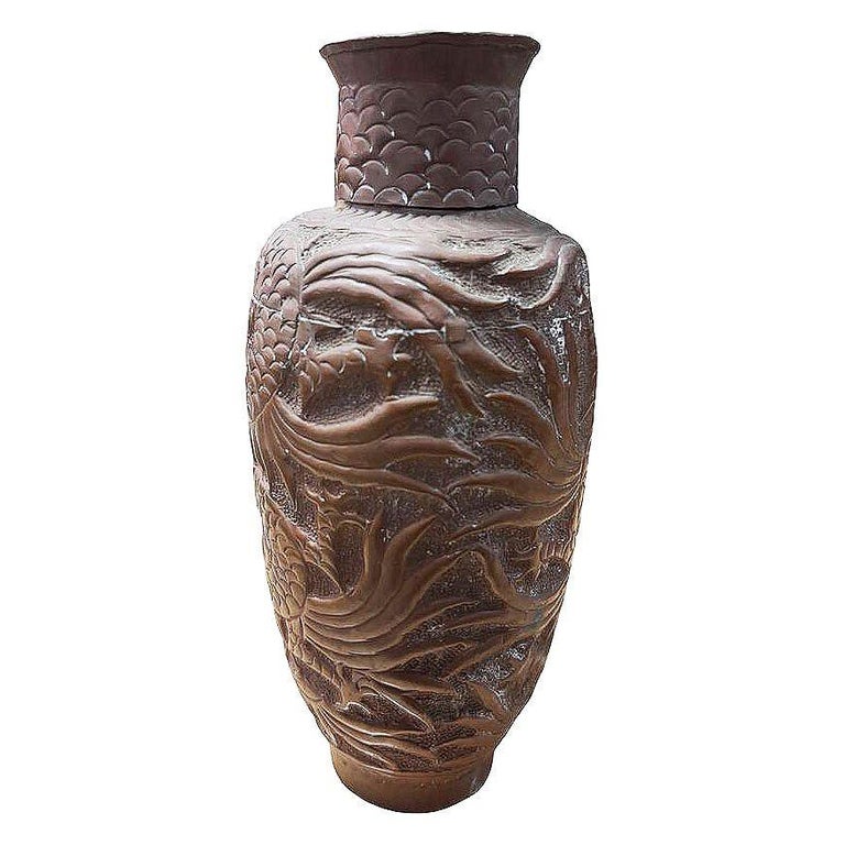Heavy Cast Art Deco Copper Chinese Dragon Vase
