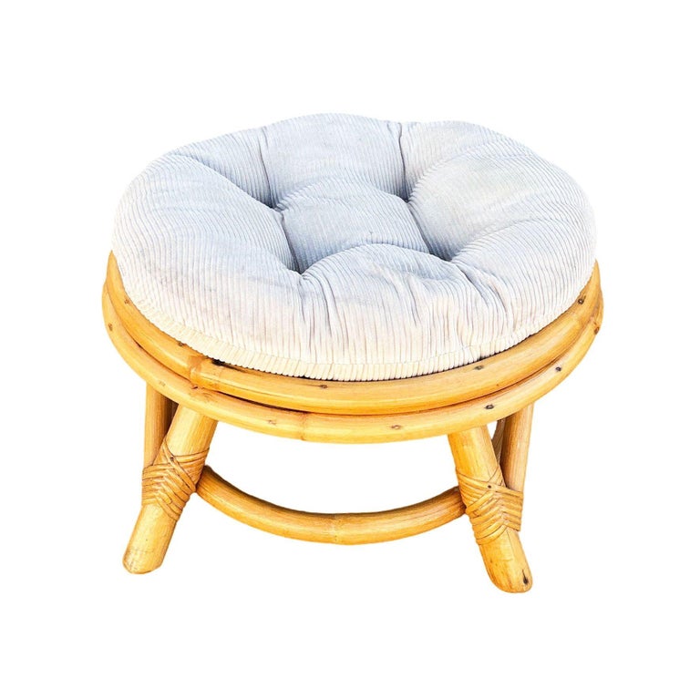 Restored Mid-century Rattan Round Ottoman w/ Tufted Cushion