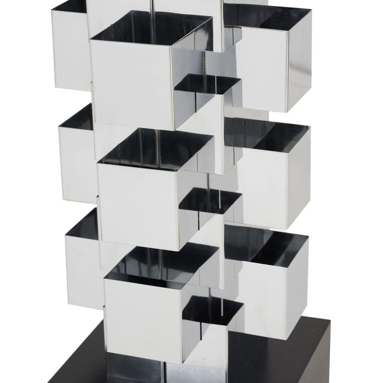 Brutalist Chrome Interlaced Column Sculpture Table Lamp by Curtis Jere, Pair