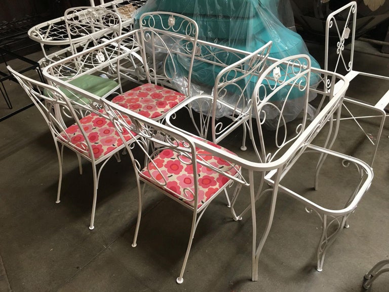Mid-century Woodard Glass Top Wrought Iron Scroll Pattern Patio Outdoor Set