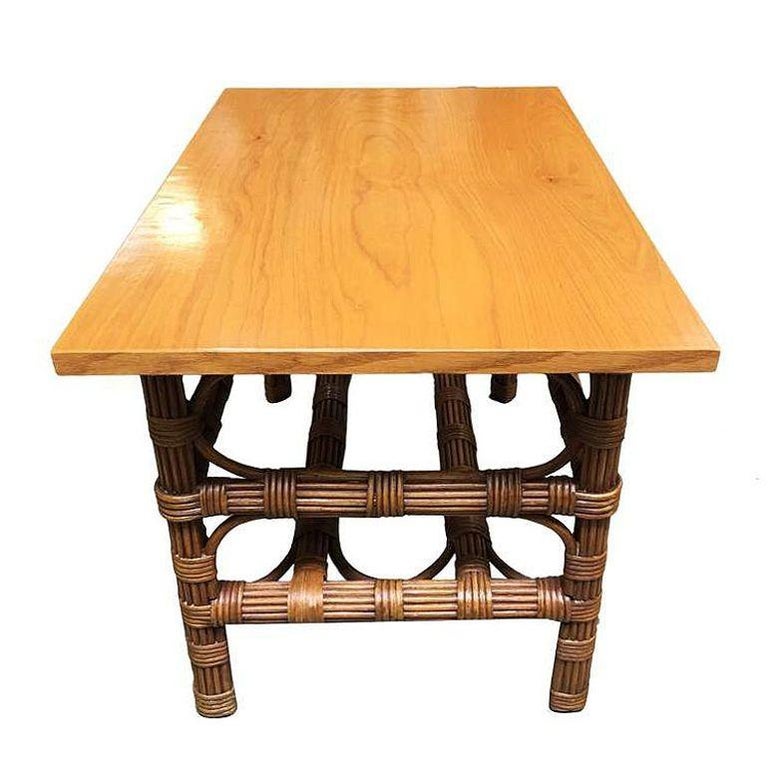 Restored Stick Rattan Side Table with Bleached Mahogany Top
