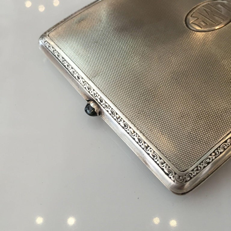 German Sterling Silver Cigarette Case with a Sapphire Stone