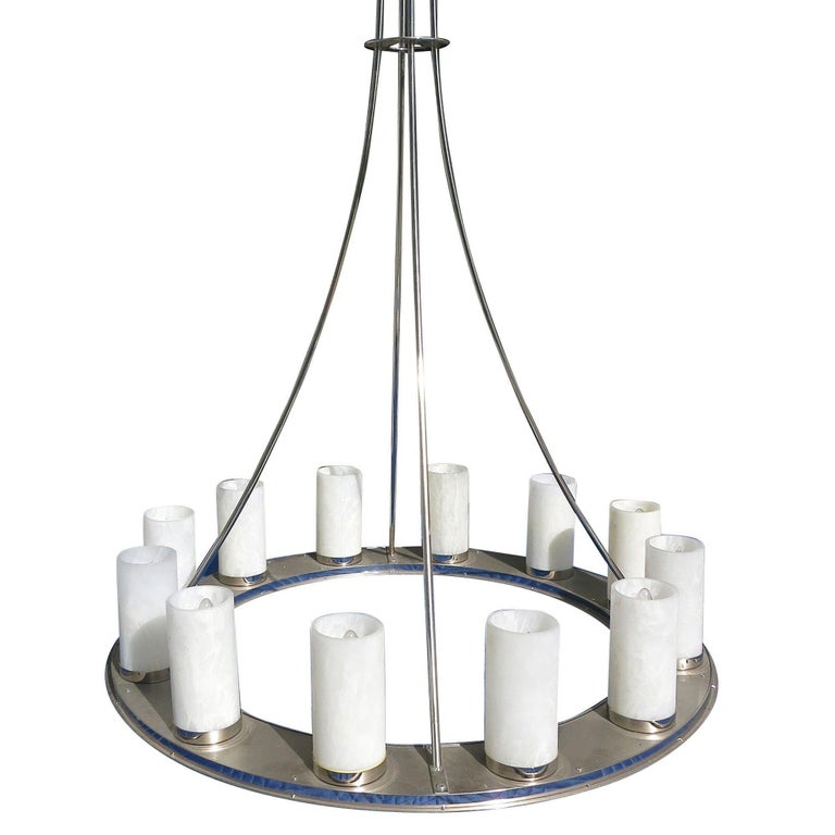 Large Modernist Twelve-Light Nickel Finished Chandelier