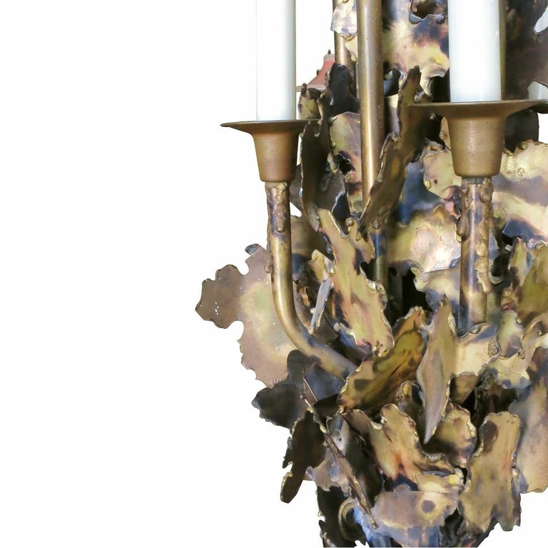 Tom Greene Style Brutalist Torch-Cut Brass Torchiere Floor Lamp