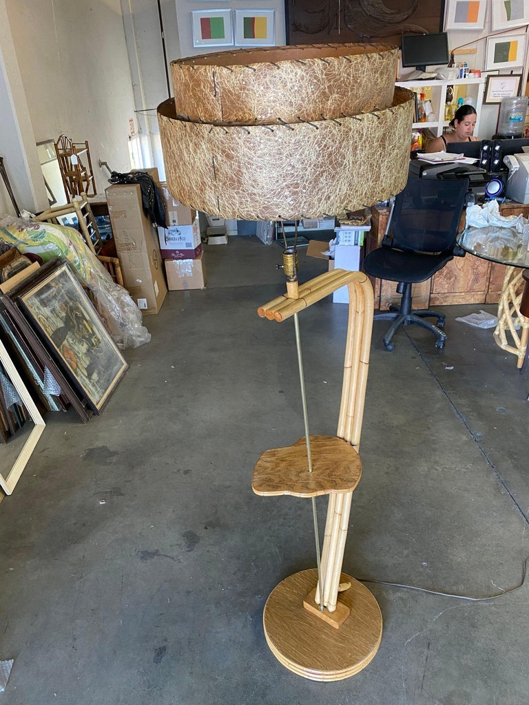Restored Googie Asymmetric Pole Floor Lamp w/ Side Table & Fiberglass Shade