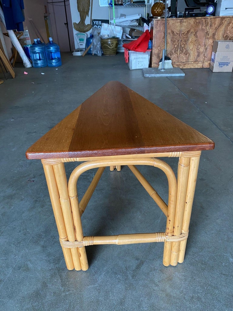 Restored Rattan Corner Wedge Table with Mahogany Tabletop