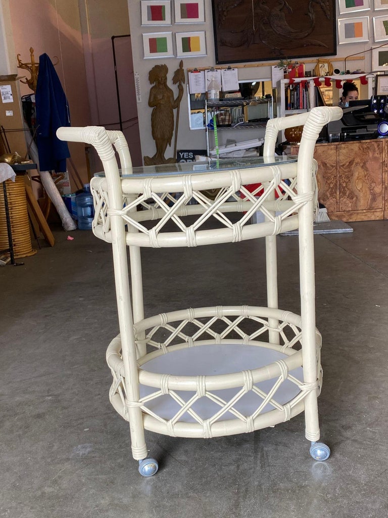Restored Modern White Round Rattan and Mahogany Bar Cart