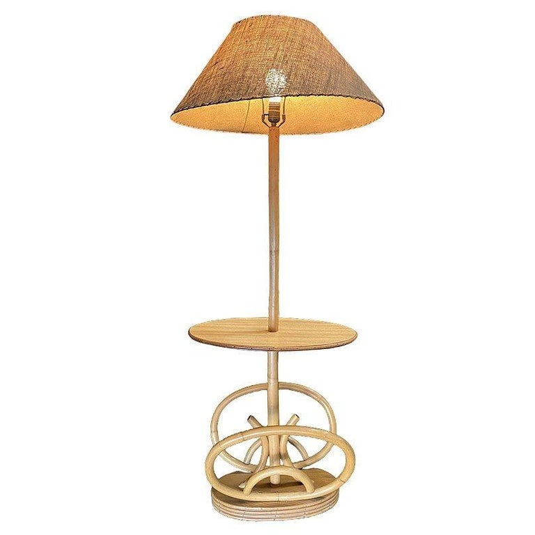 Restored Rare Mid Century Rattan Pole Floor Lamp & Drink Stand w Magazine Holder