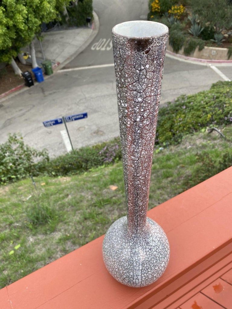 Large Mid Century Silver Crackle Vase by Royal Haeger