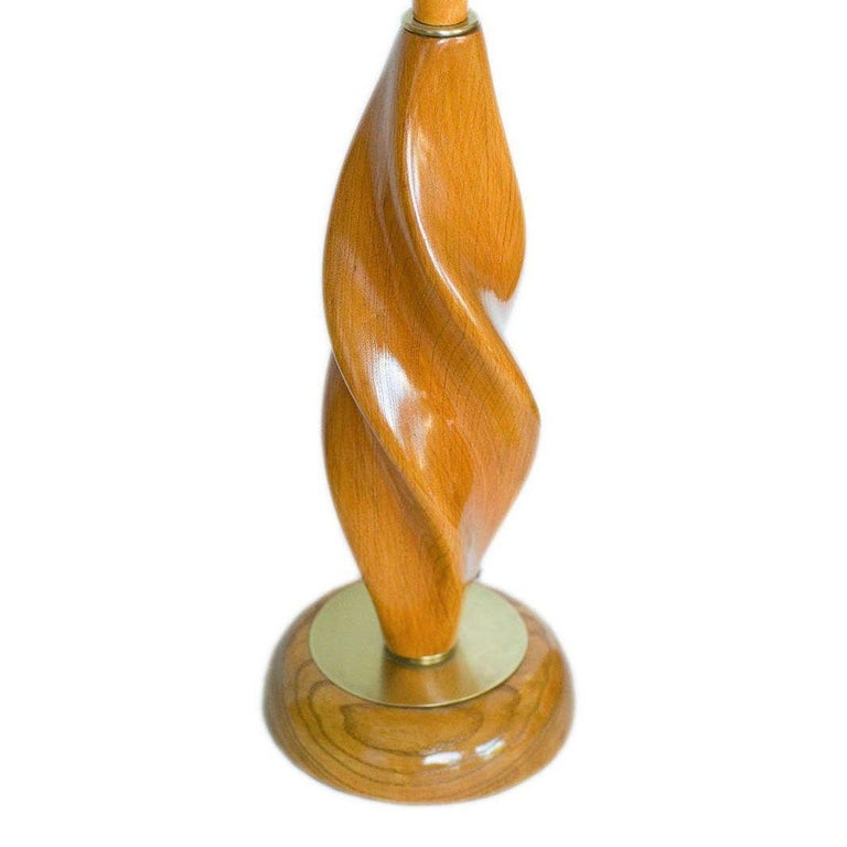 Mid-century Carved Spiral Oak & Brass Sculptural Table Lamps by Yasha Heifetz