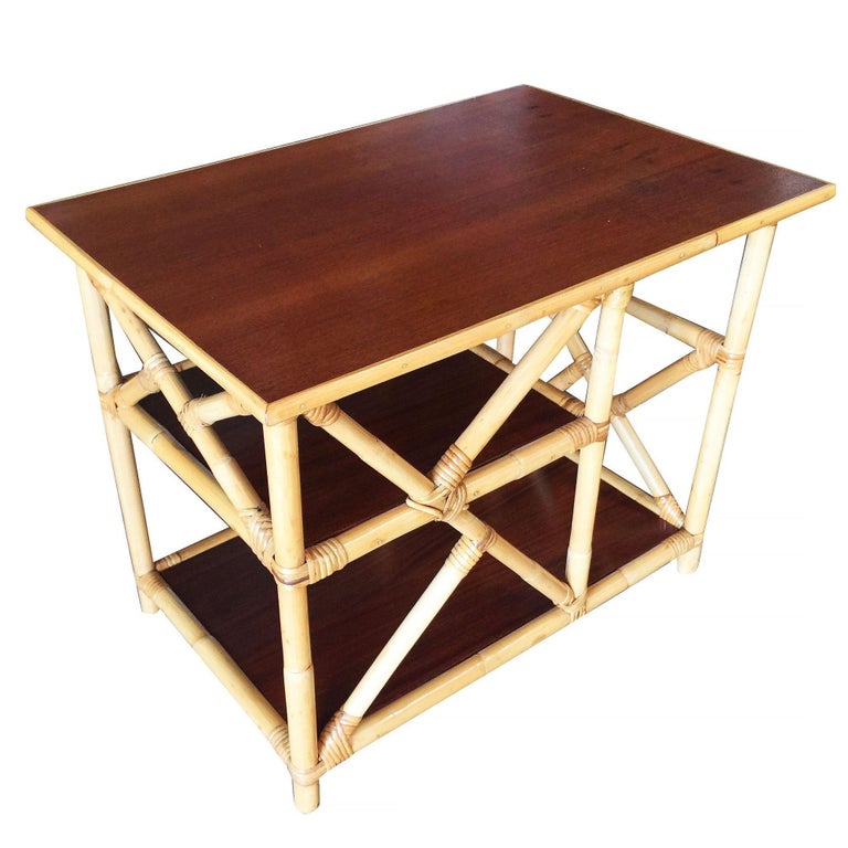 Restored Mahogany and Rattan Three-Tier Side Table