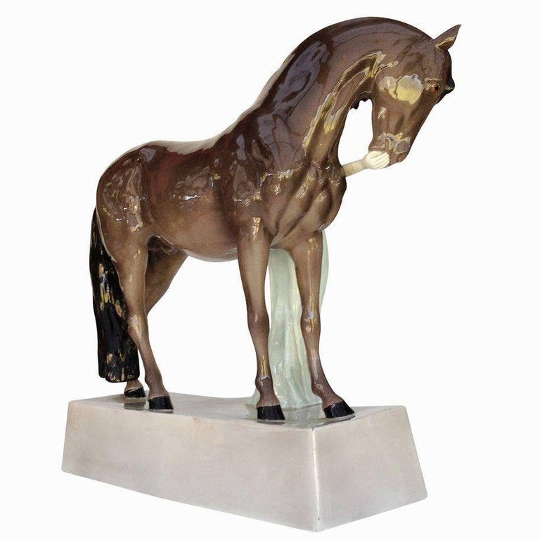 Ceramic Valkyrie and Horse Sculpture by Stanislaus Capeque for Goldscheider