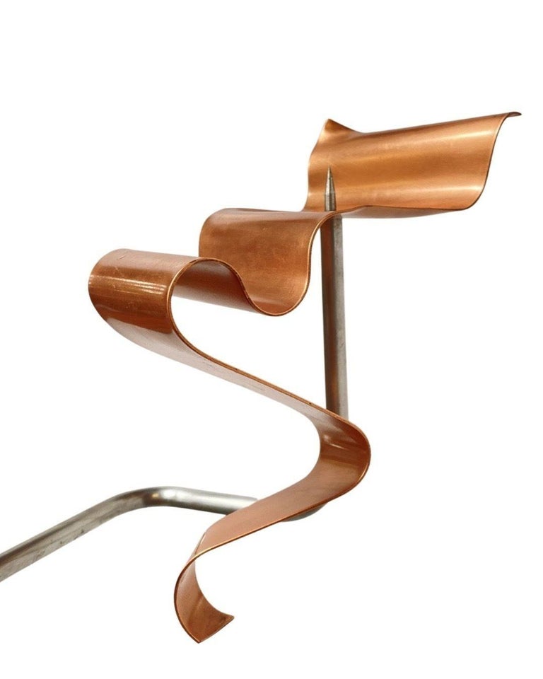 Machine Chrome & Copper 3 Arm Artist Signed Abstract Sculptural Candelabra