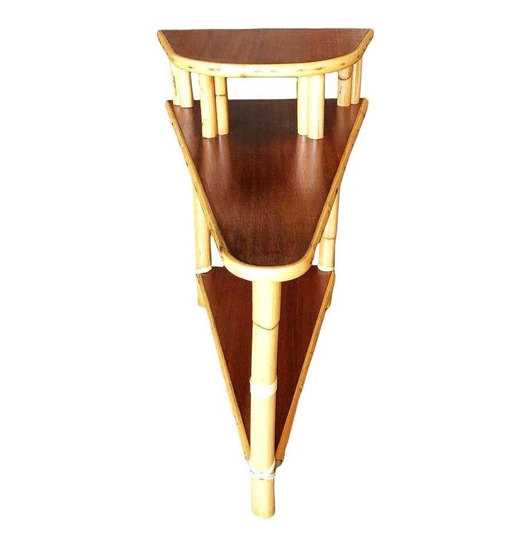 Restored Mid-century 3-Tier Wedge Side Lamp Table w/ Mahogany Tops