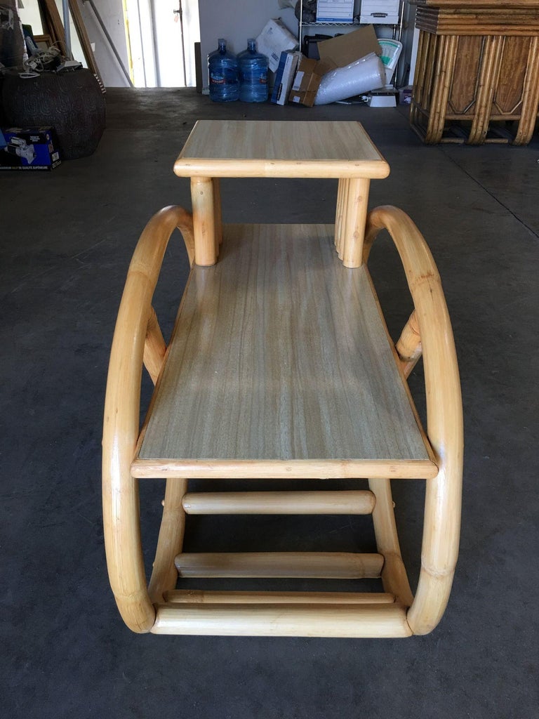 Restored 3/4 Round Pretzel Rattan Side Table with Two-Tier Formica Tops