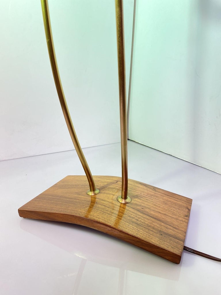 Mid Century Walnut and Brass Floor Lamp with Whipstitch Fiberglass Lamp Shades