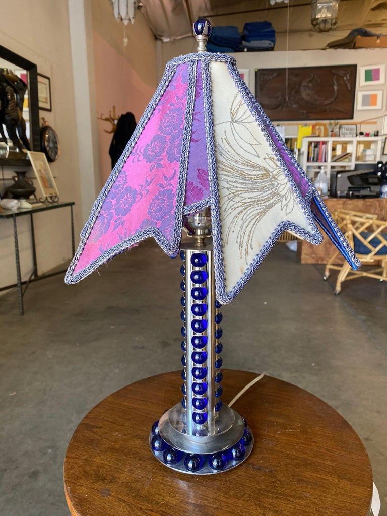 Chromed Steel and Cobalt Marble Art Deco Lamp