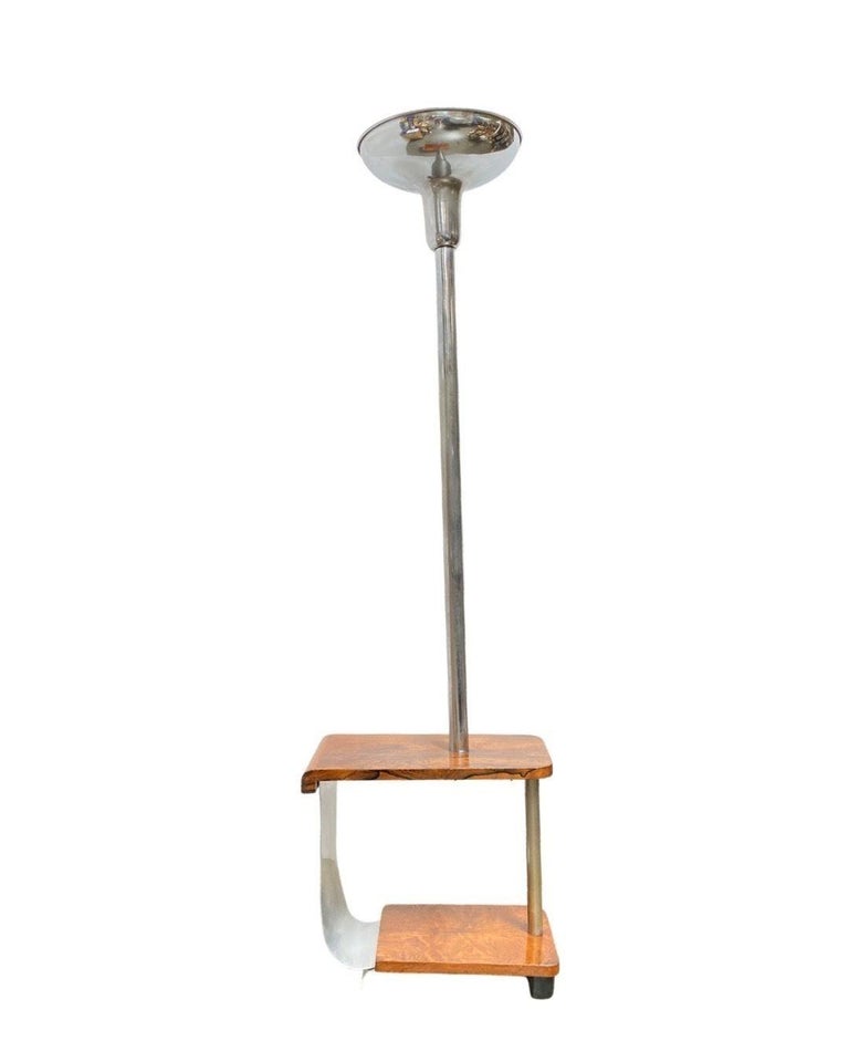 Art Deco Chrome & Wood Torchiere Floor Lamp End Table