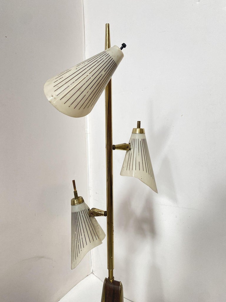 Mid Century Googie Brass & Art Pottery Floor Lamp w/ Fiberglass Shades