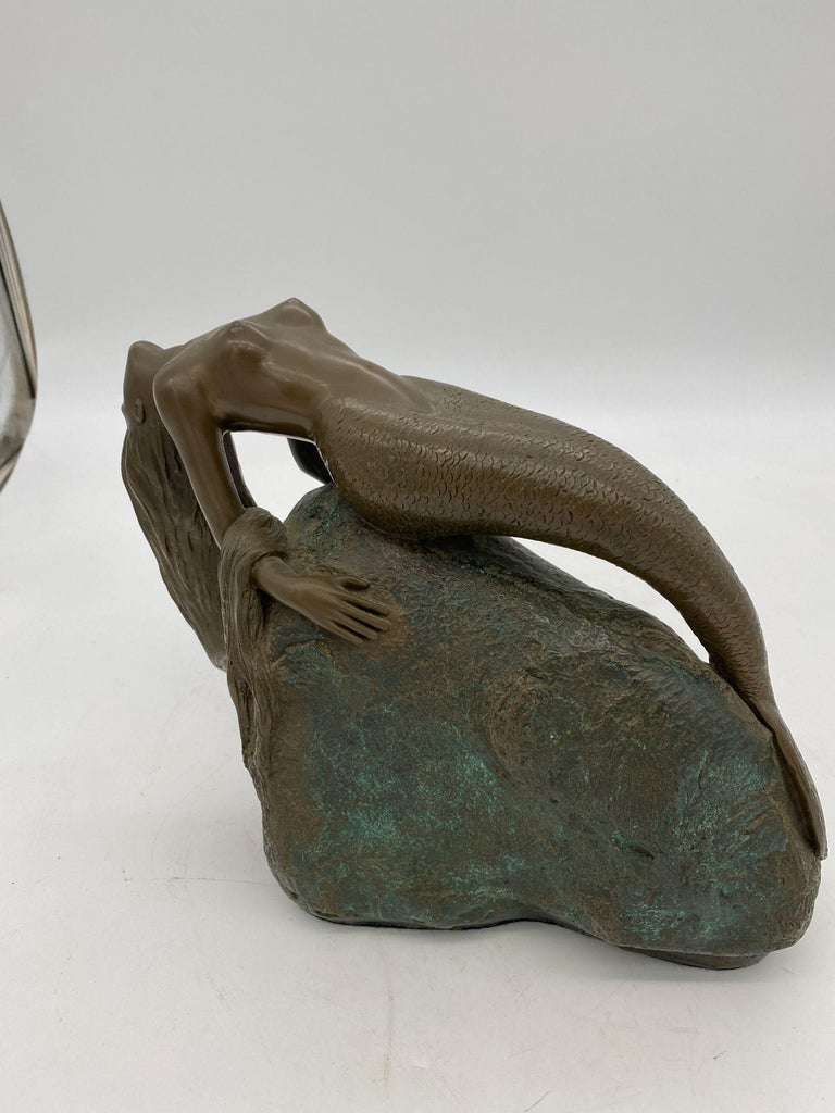Bronze Mermaid Siren Statue on Beach Rock by James Siebert