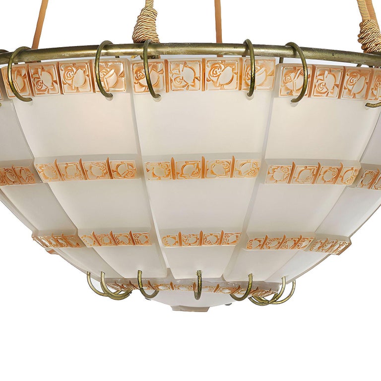Art Deco "Bande de Roses" Frosted Art Glass Chandelier by Rene Lalique