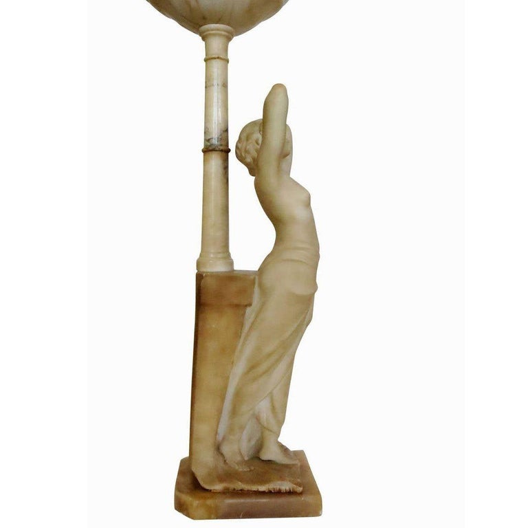 Edwardian Era Italian Carved Alabaster Nude Greco-Roman Female Figural Lamp
