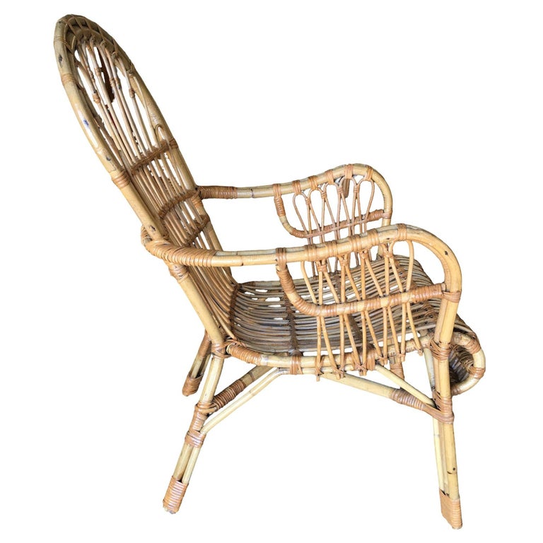 Restored Franco Albini Style Stick Reed Rattan Lounge Chair