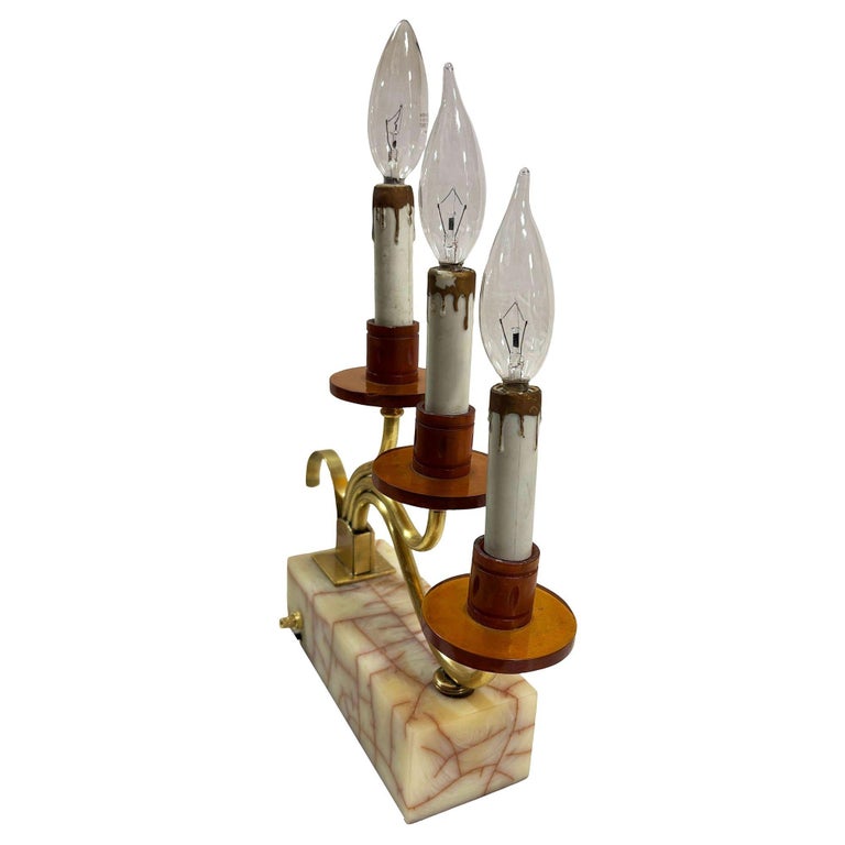 Hollywood Regency Three Candle Bakelite & Brass Table Lamp, Pair