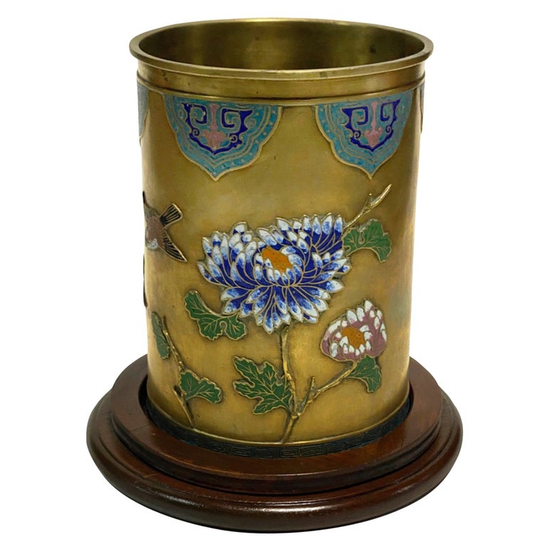 Chinese Floral Bronze Cloisonne Enamel Cylinder Vase w/ Wood Base