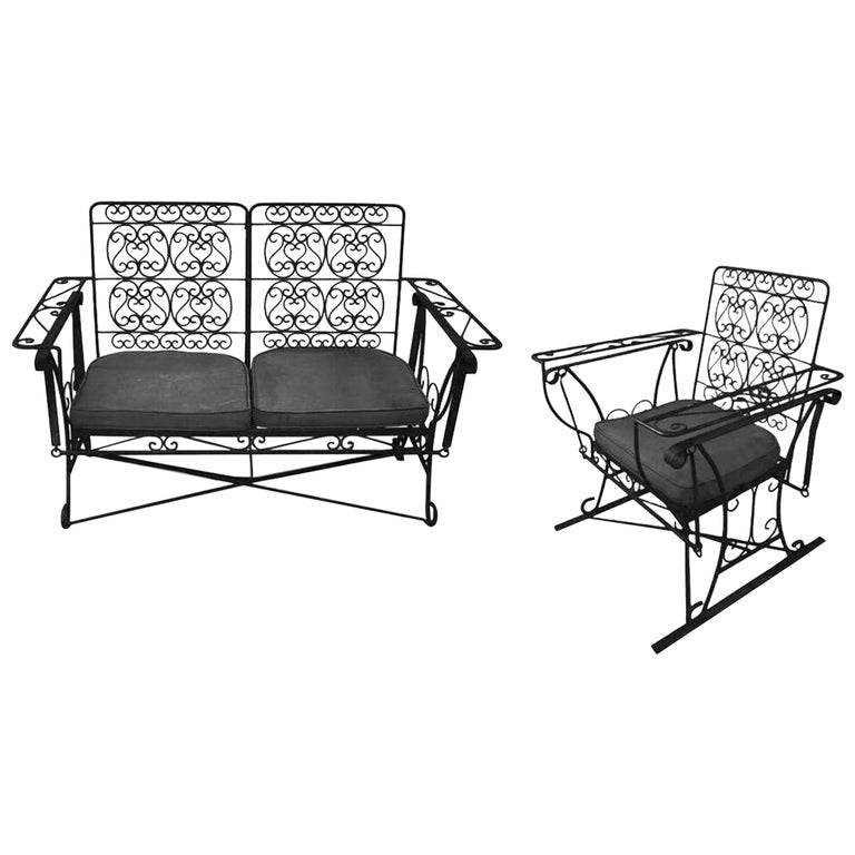 Black Scrolling Wrought Iron Glider Rocking Settee & Chair Patio Outdoor Set