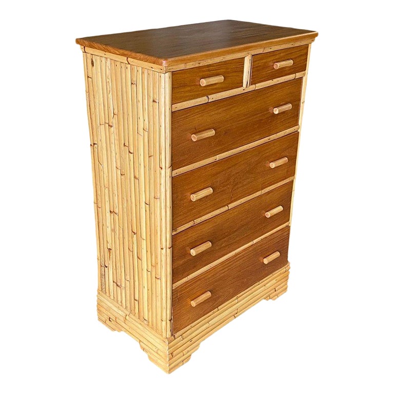 Restored Mid-century Stacked Rattan & Mahogany Highboy Dresser by Kane Kraft