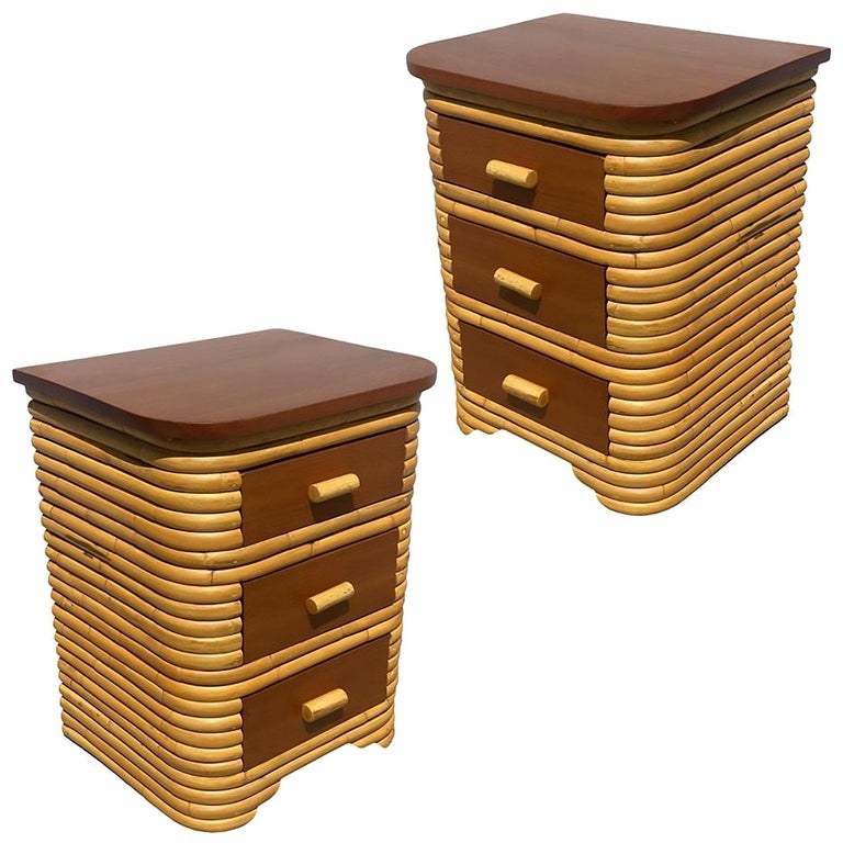 Restored Streamline Art Deco Stacked Rattan Bedside Table W/ Mahogany Top, Pair