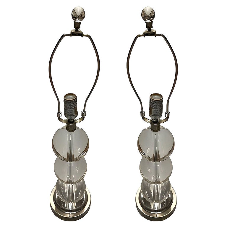 Mid-century Stacked Graduating Crystal Ball Table Lamps w/ Chrome Base, Pair