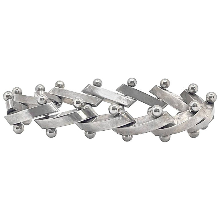 Mid-Century Heavy 925 Sterling Silver "Zig-Zag" Nuts Balls Links Bar Bracelet
