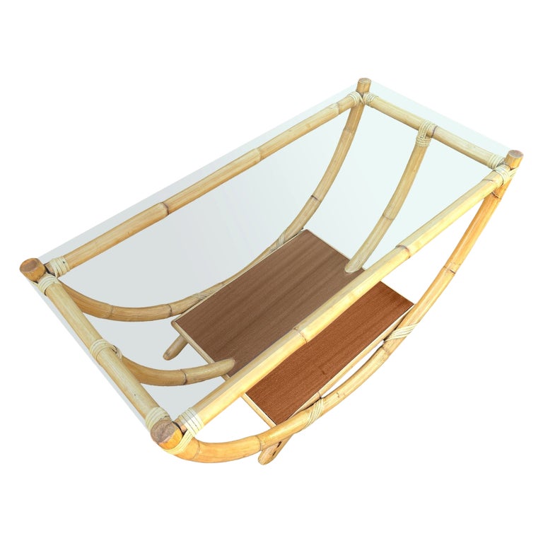 Restored Rattan Boat Shaped Coffee Table with Mahogany Shelf