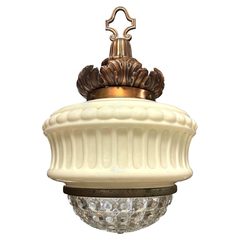 Art Deco Copper Acanthus Leaf Pendant Light w/ Crystal & Milk Glass Acorn Shade